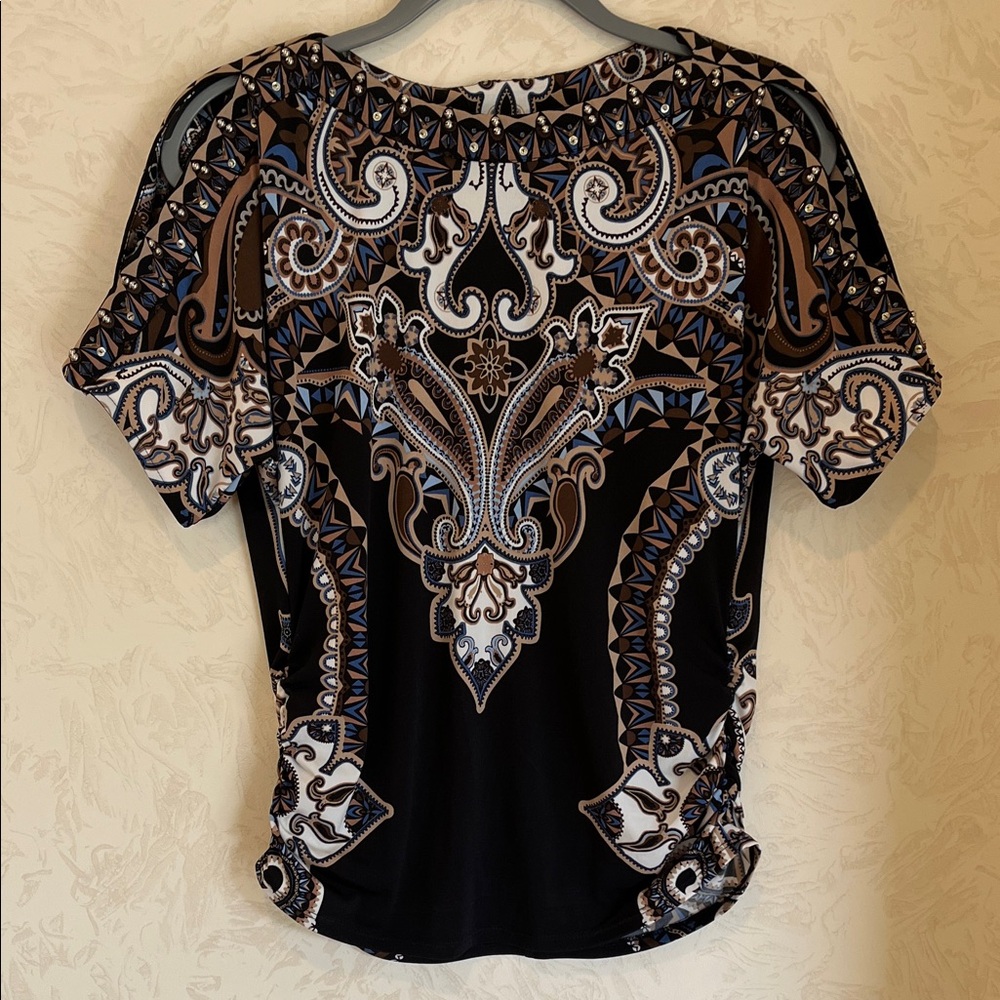 Roz & Ali Black and Brown Paisley Print Embellished Women's Top Size Petite S